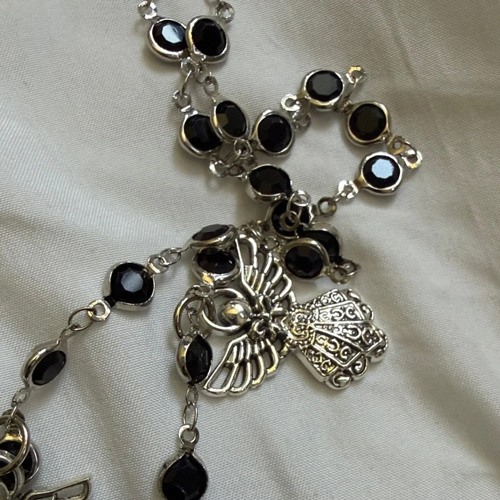Layered Silver Angel & Heart Necklace with Black Bead Accents